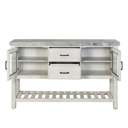 Canova Gray marble top server with wooden base and storage drawers, stylish furniture piece for dining or living room decor.
