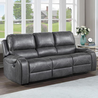 Gray Keily Manual Sofa by Start2Finish with plush cushions and sleek fabric upholstery, displayed in a modern living room setting.