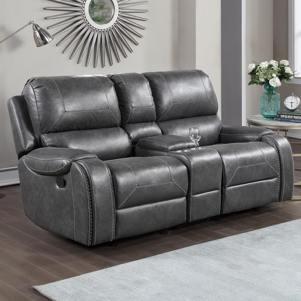 Keily gray manual console loveseat by Start2Finish showing plush fabric, armrests, and built-in console in a cozy living room setting.