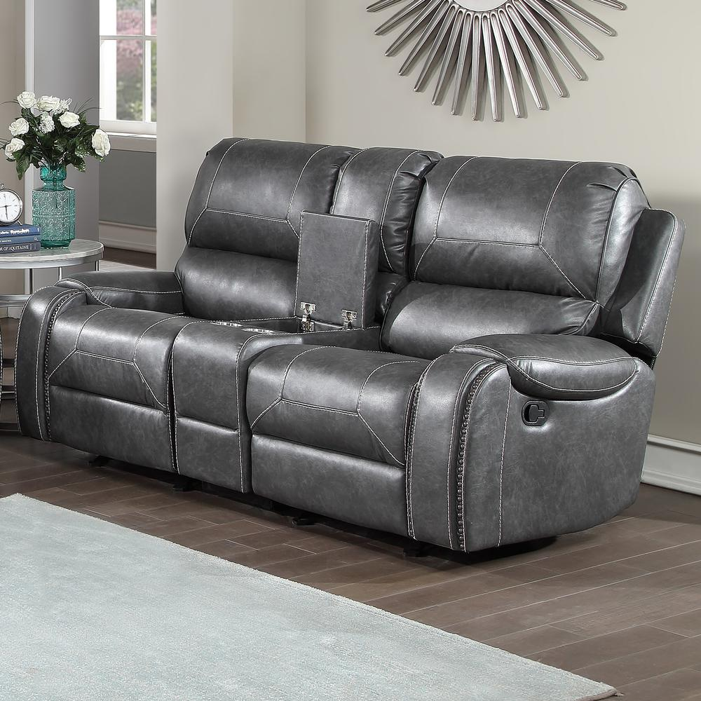 Keily gray manual console loveseat by Start2Finish, featuring plush cushions and a wooden console in a cozy living room setting.