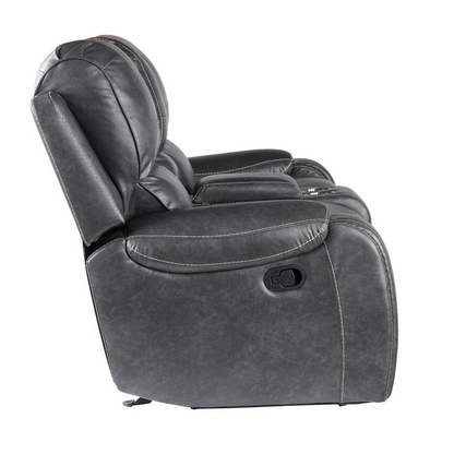 Keily Gray Manual Console Loveseat by Start2Finish, showing plush fabric upholstery and built-in armrest console, front view.