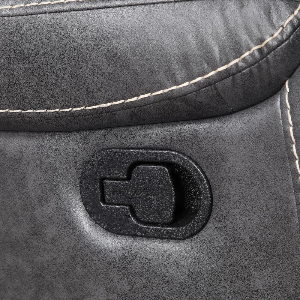 Gray Keily manual console loveseat by Start2Finish, showing its plush fabric upholstery and built-in console with cup holders.