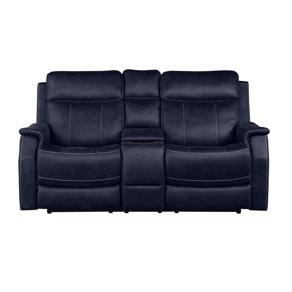 Start2Finish Valencia dual power reclining console loveseat in ocean blue fabric, showing plush cushions and built-in console.
