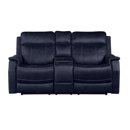 Start2Finish Valencia dual power reclining console loveseat in ocean blue fabric, showing plush cushions and built-in console.