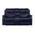 Start2Finish Valencia dual power reclining console loveseat in ocean blue fabric, showing plush cushions and built-in console.