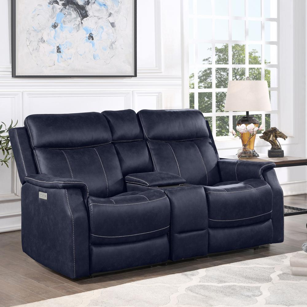 Start2Finish Valencia dual power reclining console loveseat in ocean fabric, showing plush cushions and built-in side console.