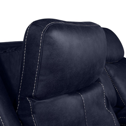 Start2Finish Valencia Dual Power Reclining Console Loveseat in Ocean with plush cushions and built-in console, modern furniture for living room