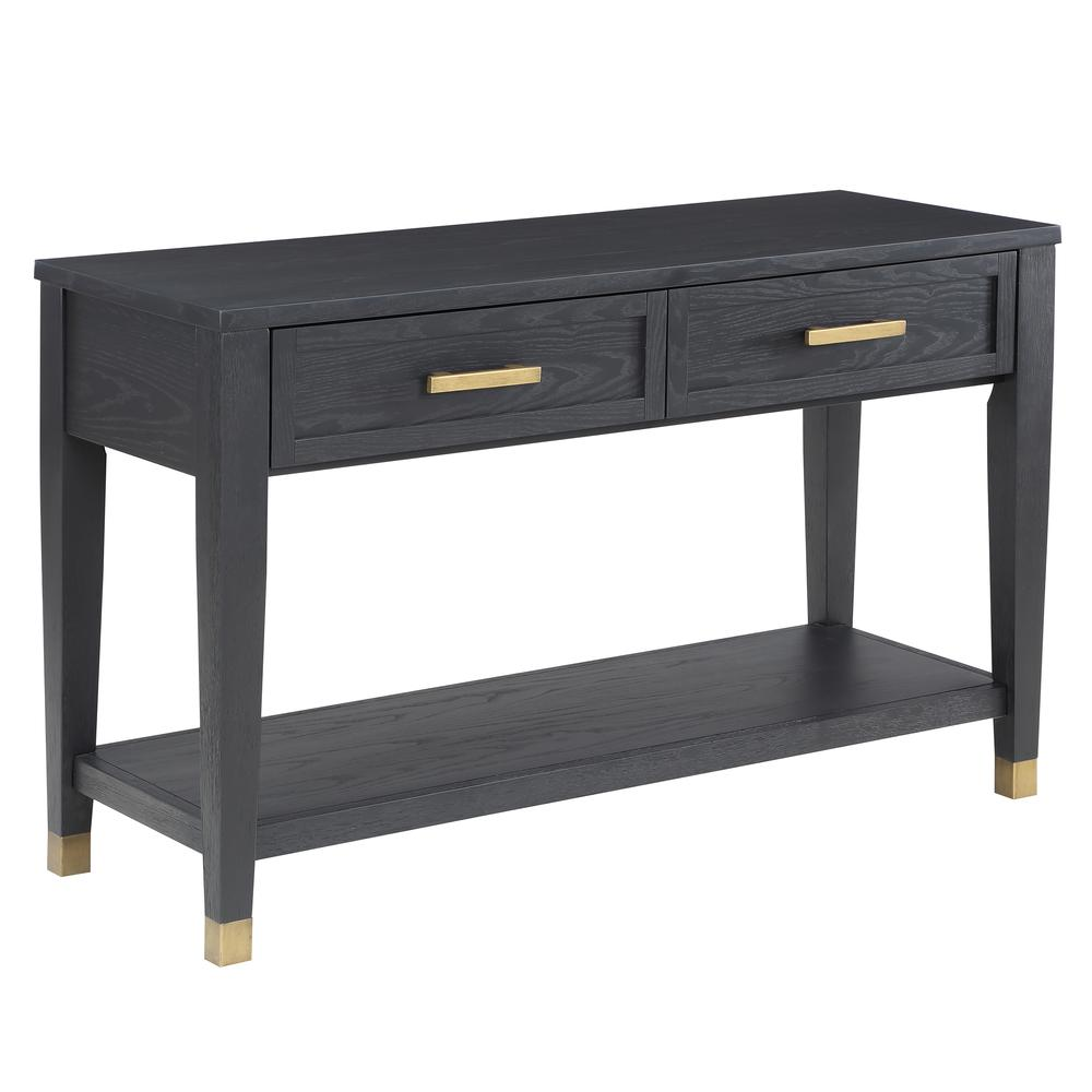 Start2Finish Yves sofa table in 48x18x30 inches with a sleek wooden surface and modern design, shown in a living room setting.