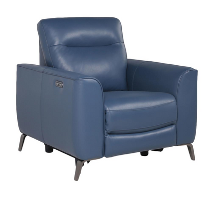 Start2Finish Sansa P/P reclining chair in ocean blue, showcasing plush fabric, armrests, and reclining mechanism.