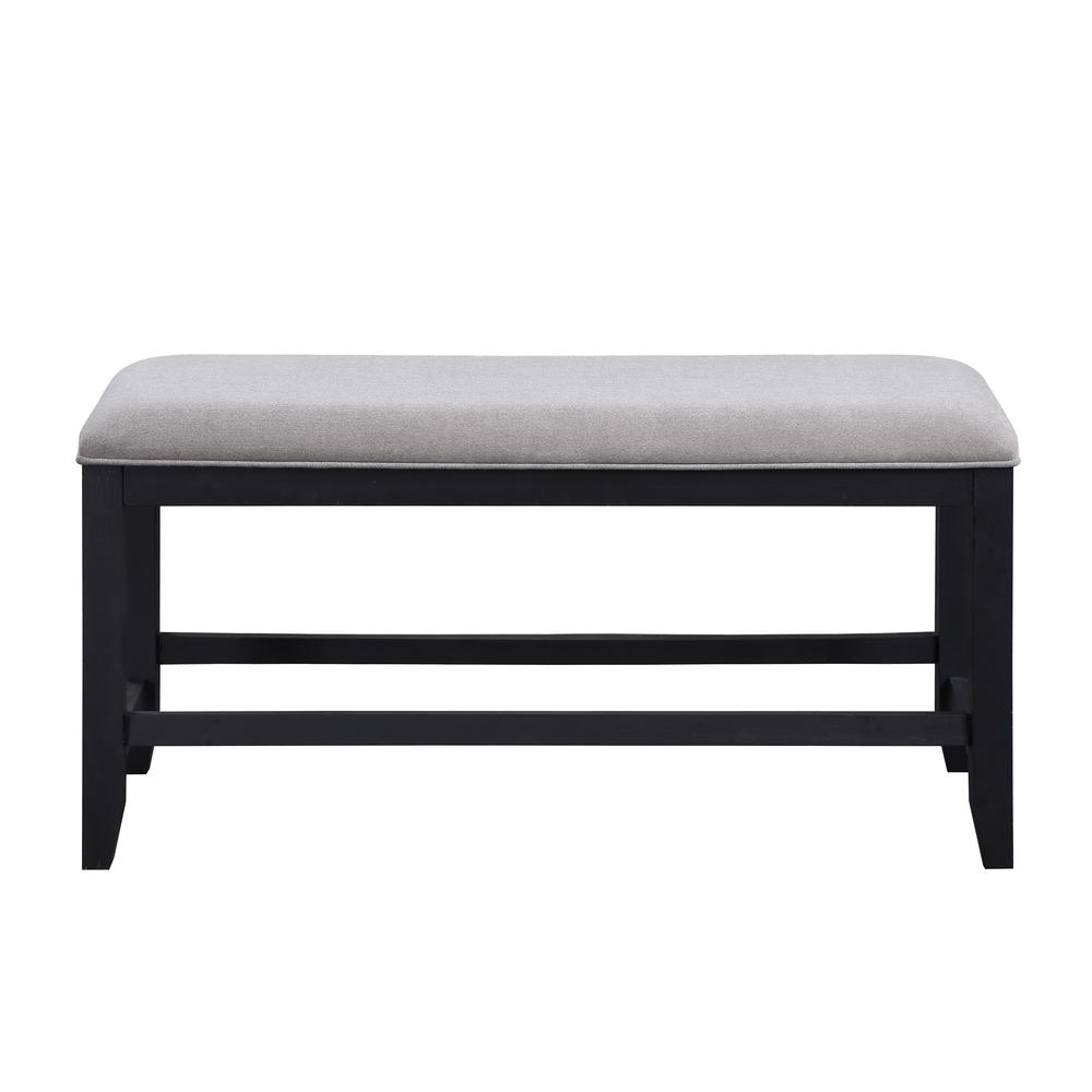 Yves Black Counter Table with Storage, grey counter chairs, and a matching bench, modern furniture set by Start2Finish.