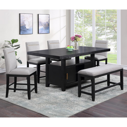Yves black counter table with storage, bench, and four grey counter chairs in modern furniture setting