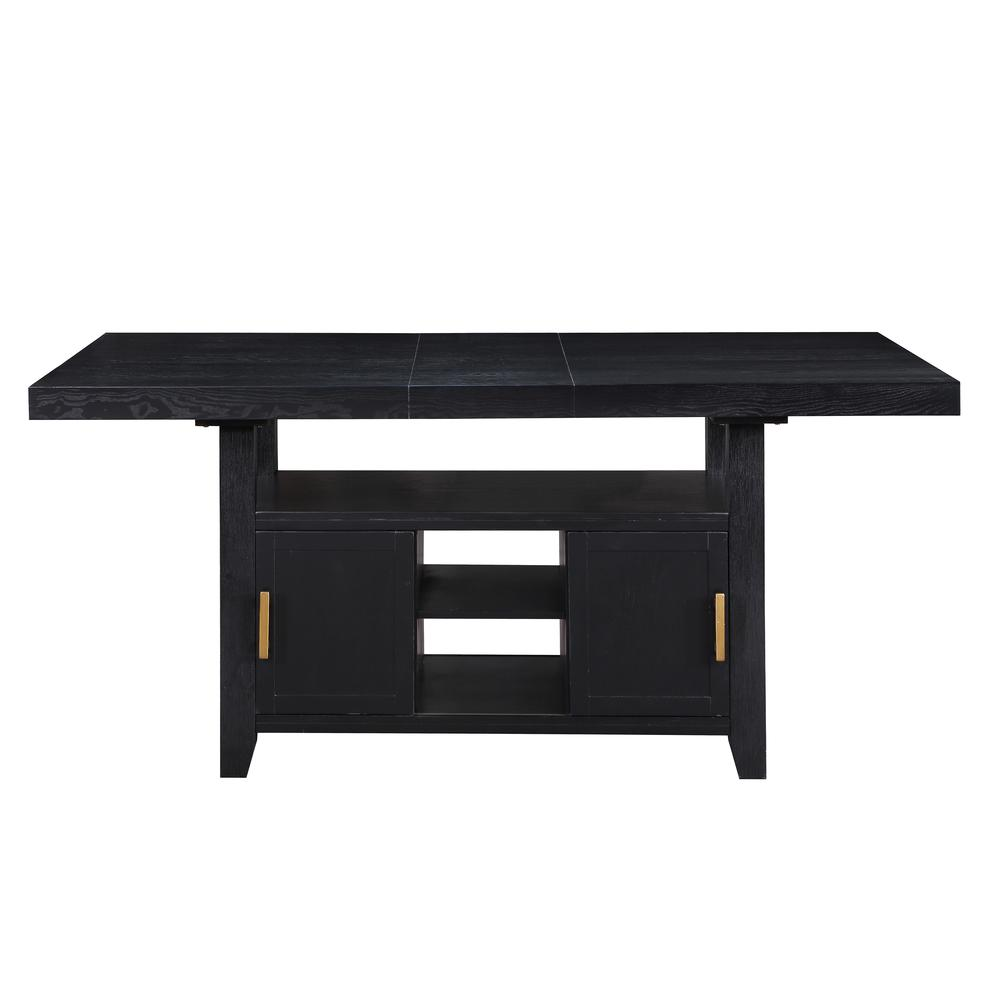 Yves black counter table with built-in storage, grey counter chairs, and matching bench, modern furniture by Start2Finish.