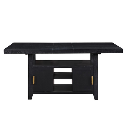 Yves black counter table with built-in storage, grey counter chairs, and matching bench, modern furniture by Start2Finish.