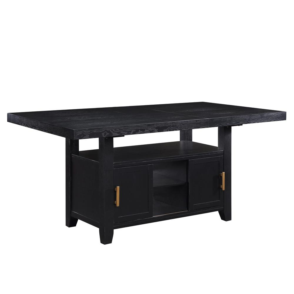 Yves Black Counter Table with Storage, a bench, and four grey counter chairs from Start2Finish, shown in a modern kitchen setting.