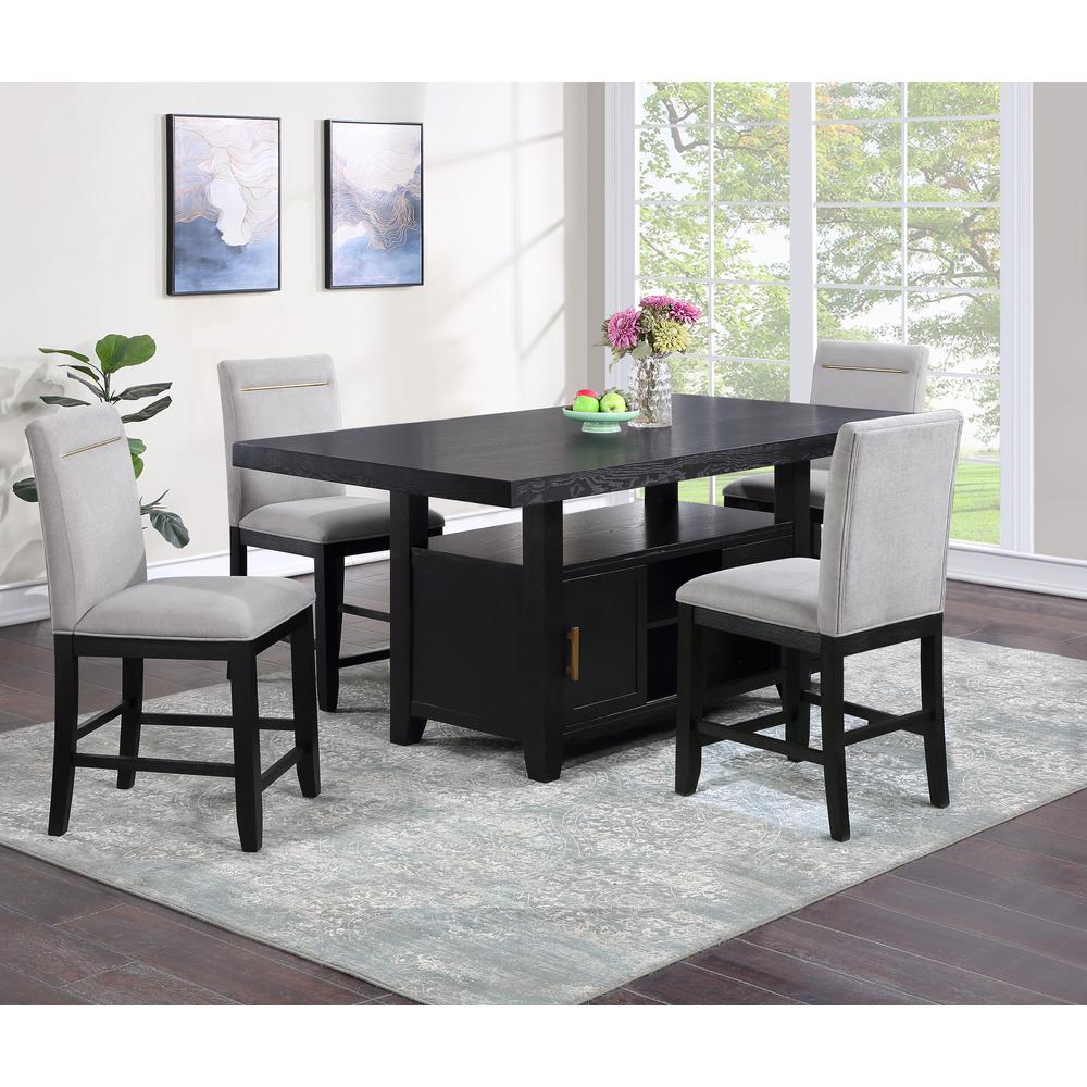 Yves black counter table with storage and four grey counter chairs, modern furniture set for kitchen or dining area.