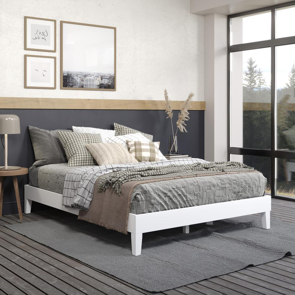 White Nix solid wood queen platform bed by Start2Finish, shown with a sleek headboard and clean-lined design.