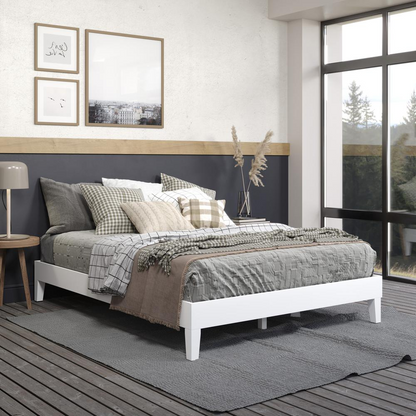 White Nix solid wood queen platform bed by Start2Finish, shown with a sleek headboard and clean-lined design.