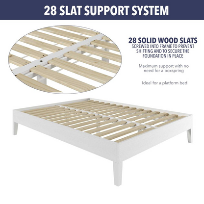 White Nix Solid Wood Queen Platform Bed by Start2Finish with a sleek, modern design and sturdy wooden frame in a well-lit bedroom setting.