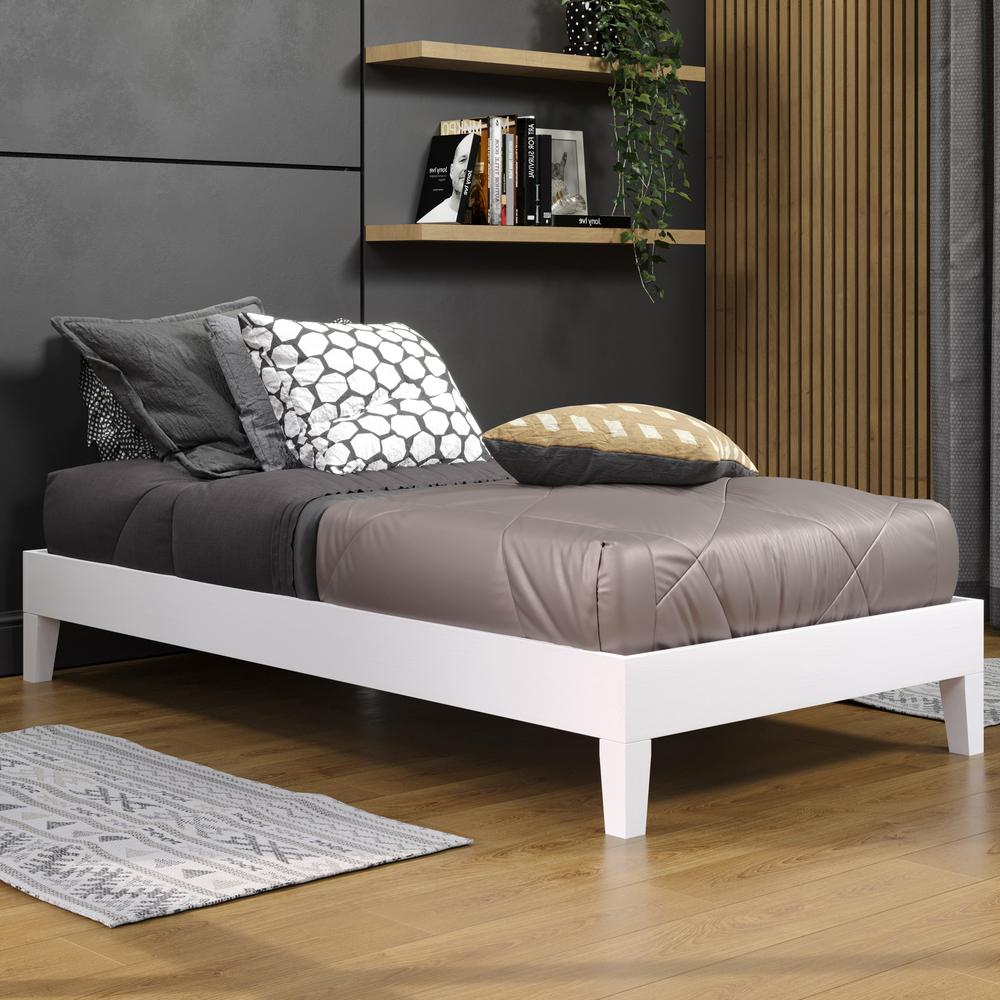 Start2Finish Nix White Solid Wood Twin Platform Bed with clean lines and sturdy construction, shown in a bedroom setting.
