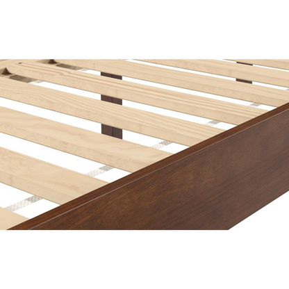 Solid wood Nix Full Platform Bed in natural finish by Start2Finish, showcasing a sturdy, minimalist design with a slatted headboard.