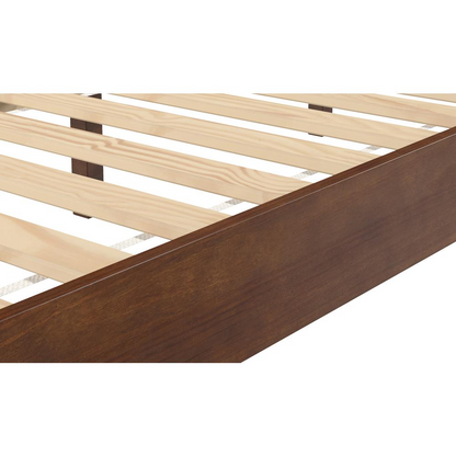 Solid wood queen platform bed in natural finish from Start2Finish, showcasing a sleek, sturdy bedroom furniture piece.