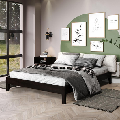 Black Nix Solid Wood Queen Platform Bed by Start2Finish, showing the sturdy wooden frame and sleek design in a modern bedroom setting.