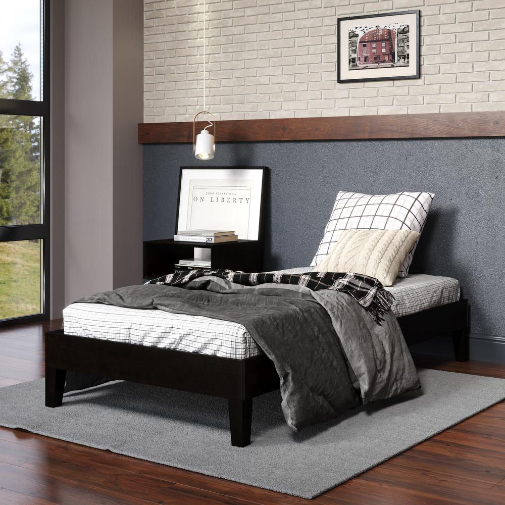 Start2Finish Nix solid wood platform bed in black, showcasing the sleek headboard and sturdy frame in a modern bedroom setting.
