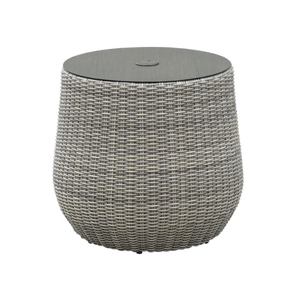 Set of three Adeline wicker patio chairs by Start2Finish with beige cushions and stylish woven wicker design.