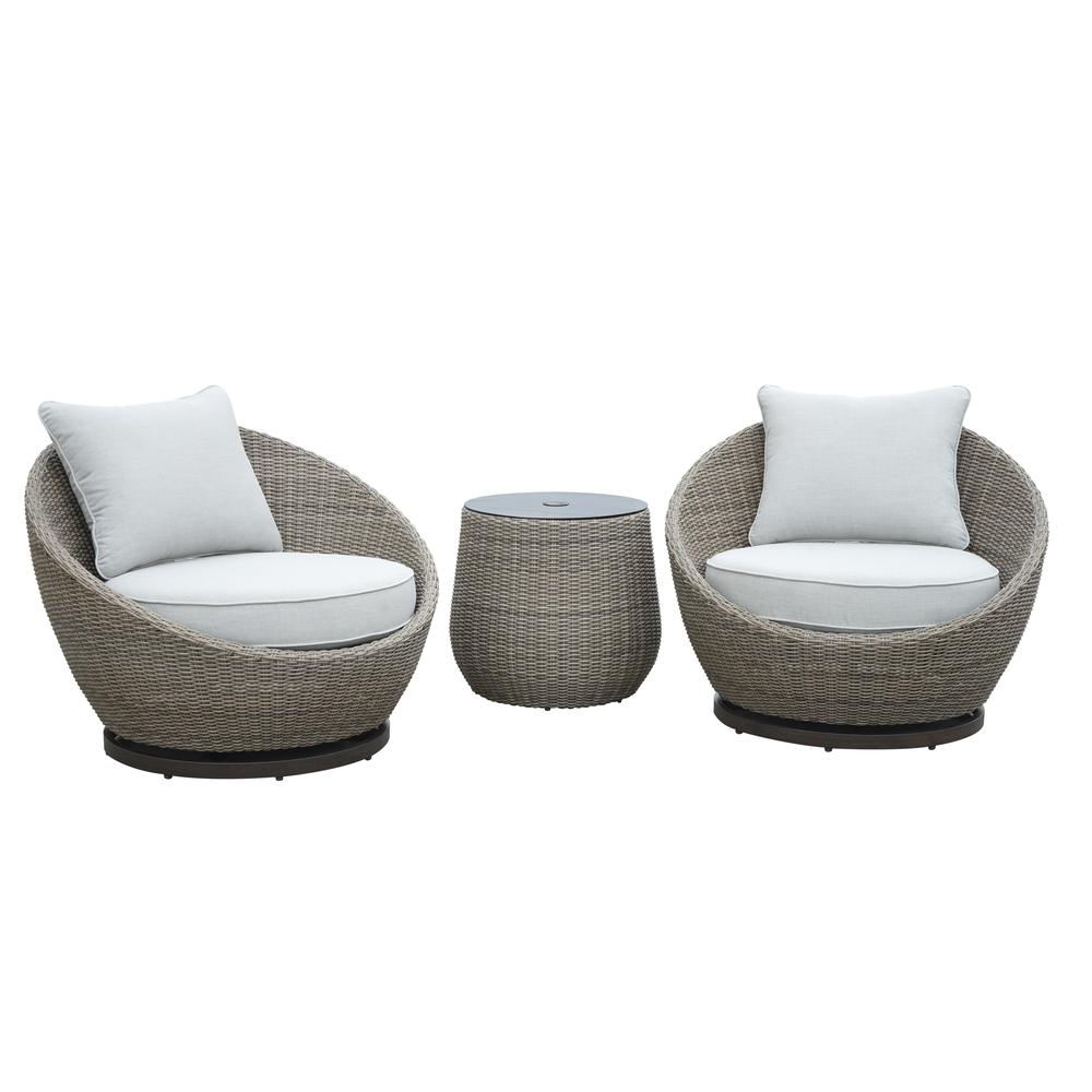 Set of three Adeline Wicker Patio chairs by Start2Finish, featuring woven wicker design and cushioned seats for outdoor lounging