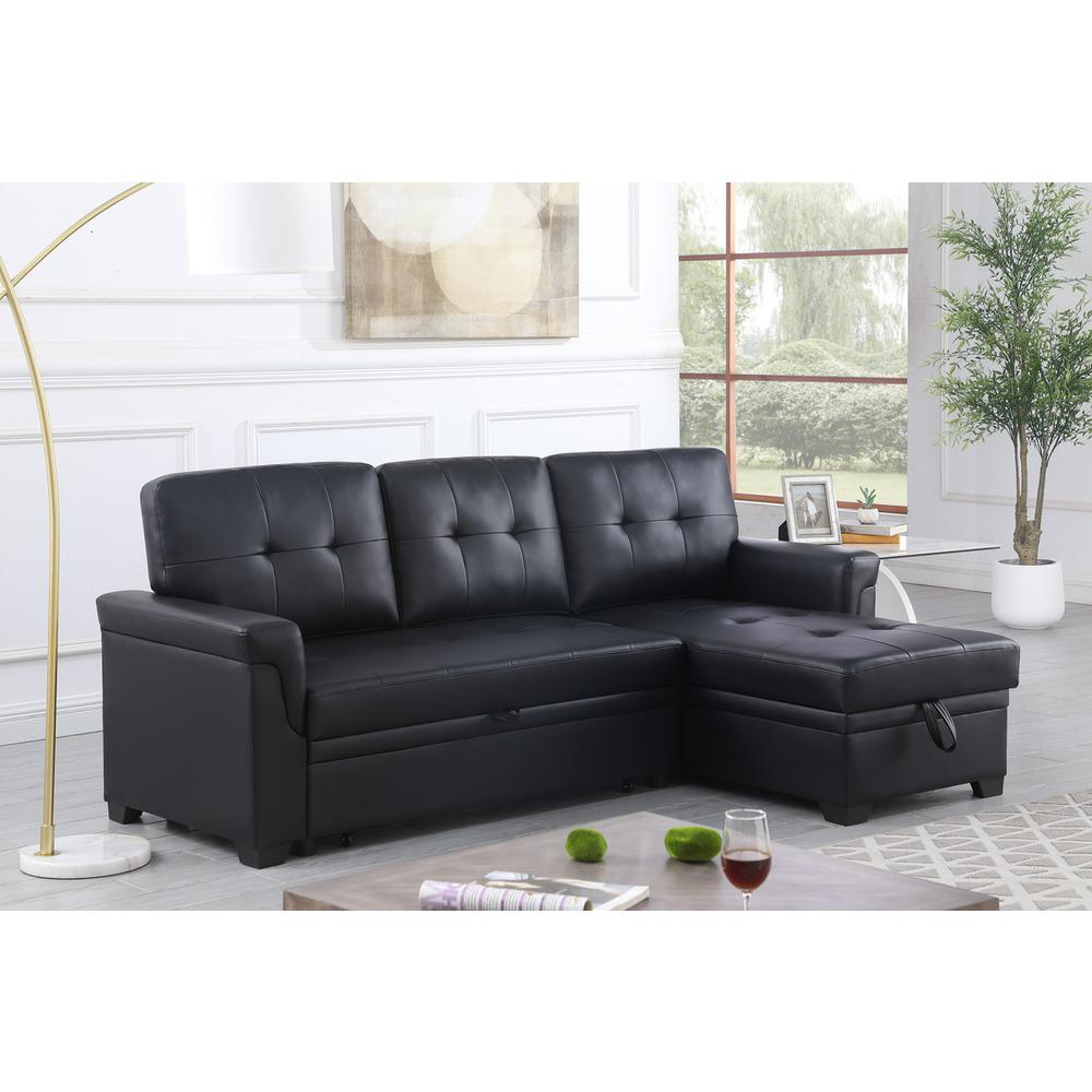 Lexi black synthetic leather reversible sleeper sectional sofa with storage chaise by Start2Finish, modern furniture for living room.