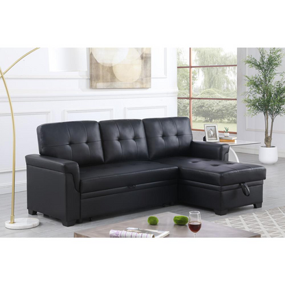 Lexi black synthetic leather reversible sleeper sectional sofa with storage chaise by Start2Finish, modern furniture for living room.