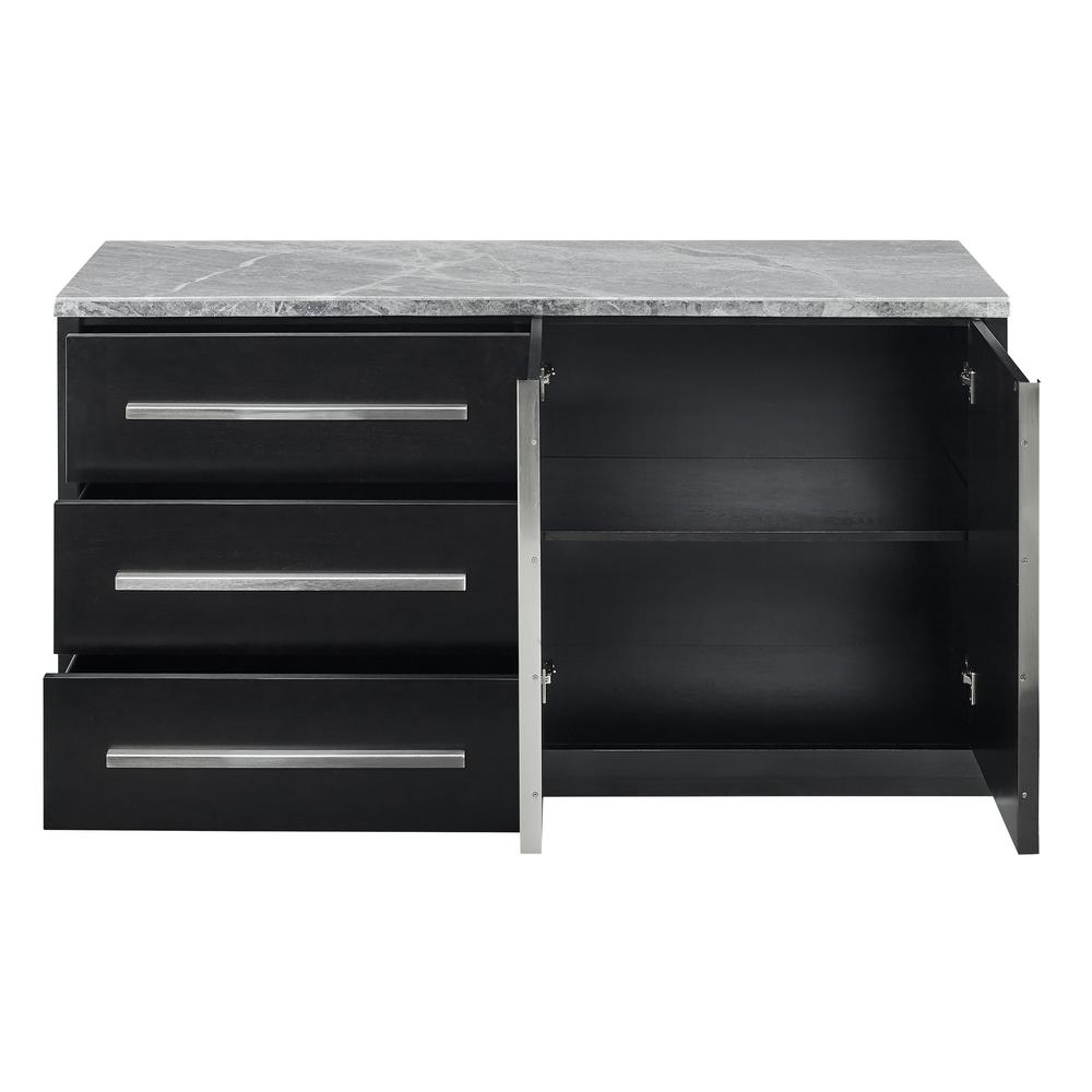 Start2Finish Camila Gray marble top server with wooden legs and storage drawers, ideal for serving and displaying.