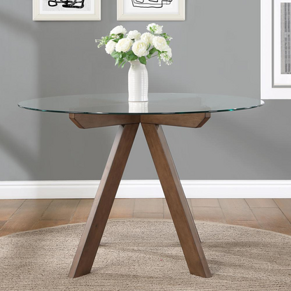 Start2Finish Wade 48-inch round glass top dining table with sleek metal legs, perfect for modern dining rooms.