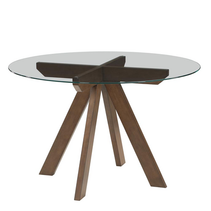 Wade 48-inch round glass top dining table by Start2Finish, featuring a sleek glass surface and modern wooden legs.