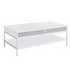 Start2Finish Mirage coffee table with a sleek glass top and modern wooden legs, ideal for contemporary living rooms.