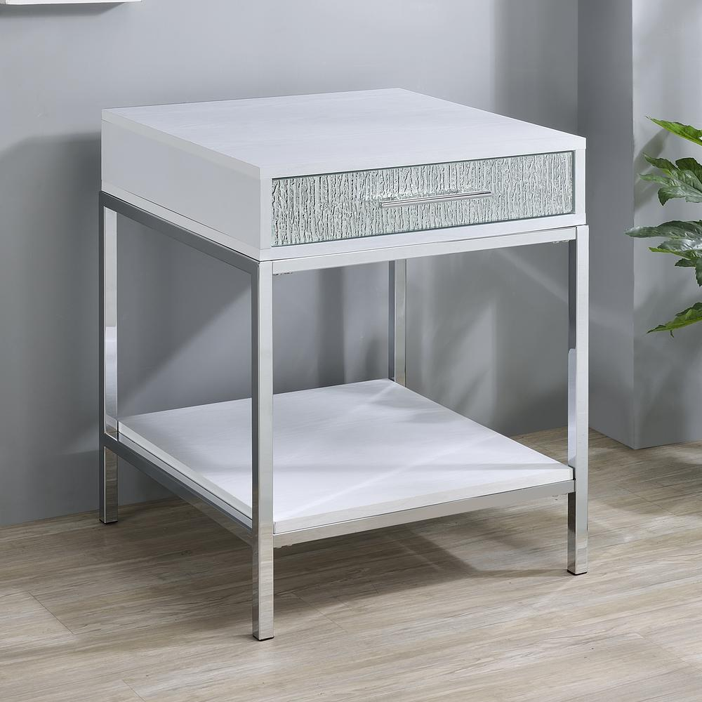 Start2Finish Mirage side table with sleek design, featuring a smooth surface and modern metal legs, ideal for living room decor.