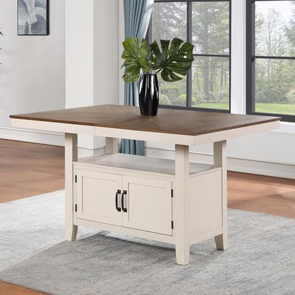 Brown Start2Finish 60-80 inch counter table with 20-inch leaf, showcasing sturdy wood construction and expandable surface.