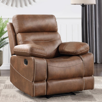 Brown Rudger manual recliner chair by Start2Finish, showing plush upholstery, padded armrests, and reclining mechanism.
