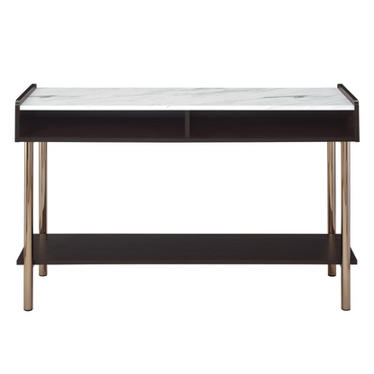 Start2Finish Carrie Sofa Table with wooden top and metal frame, shown in a modern living room setting.