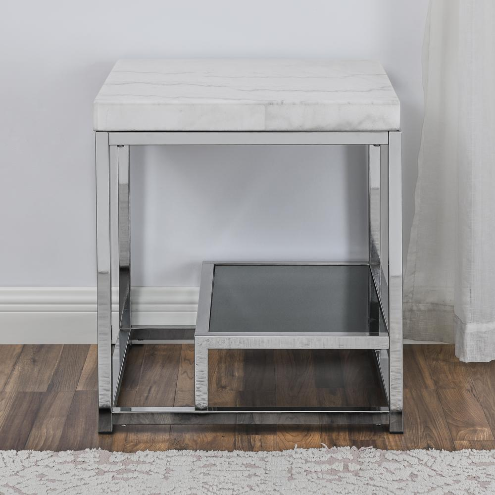 Aston white marble top end table by Start2Finish with a sleek modern design and wooden legs, close-up view of the table surface.