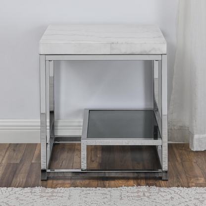 Aston white marble top end table by Start2Finish with a sleek modern design and wooden legs, close-up view of the table surface.