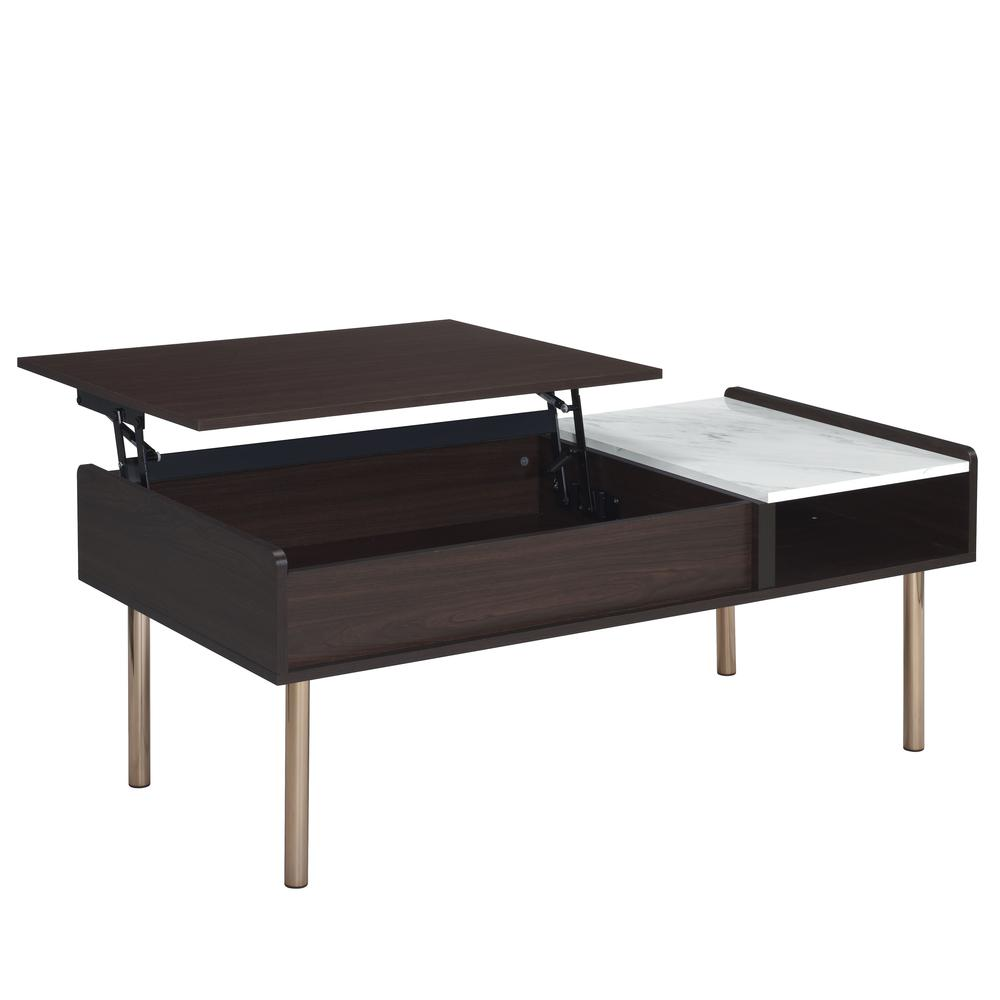 Start2Finish Carrie lift-top coffee table with wooden finish, featuring a raised top for extra table space and storage.