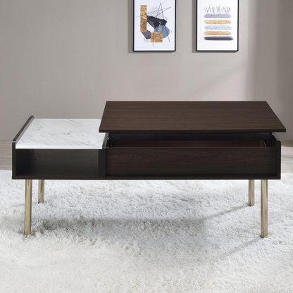 Start2Finish Carrie lift-top coffee table with open storage, dark wood finish, and sleek modern design shown in the image.