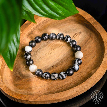 Permission to Pause Zebra Jasper bracelet by Start2Finish featuring unique black and white zebra jasper beads on elastic jewelry cord.