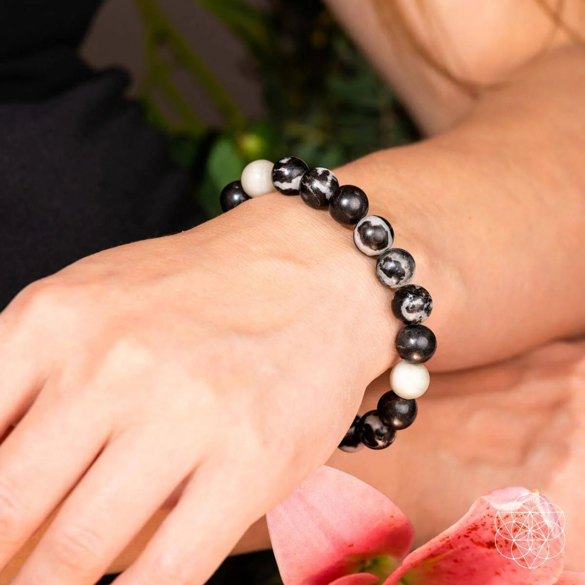 Start2Finish Zebra Jasper bracelet featuring black and white striped beads in a stylish jewelry design.