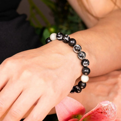 Start2Finish Zebra Jasper bracelet featuring black and white striped beads in a stylish jewelry design.