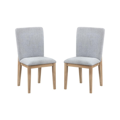 Set of 2 gray linen and oak finish dining chairs by Start2Finish featuring padded seats and sleek, modern design.