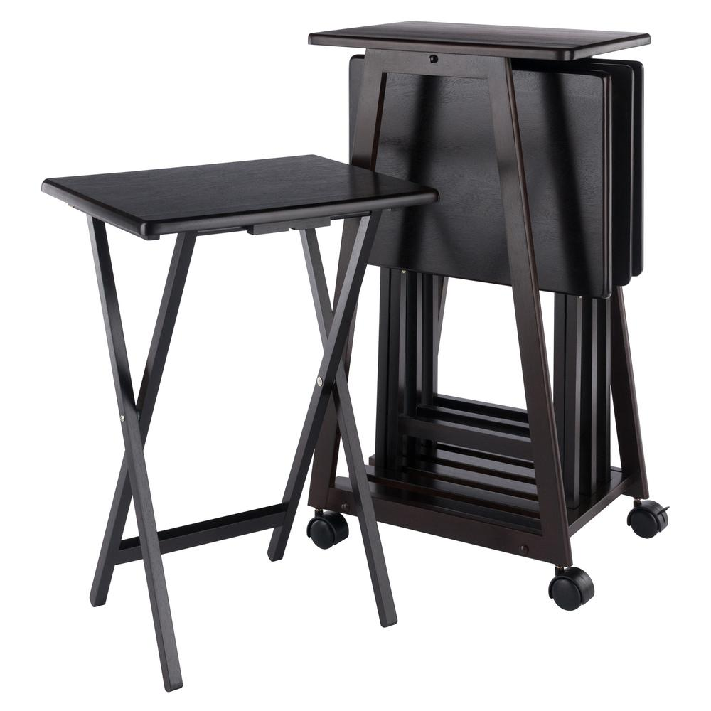 Start2Finish Adriel 5-Pc Snack Table Set in coffee finish, includes small tables with wooden top and metal legs, modern furniture.