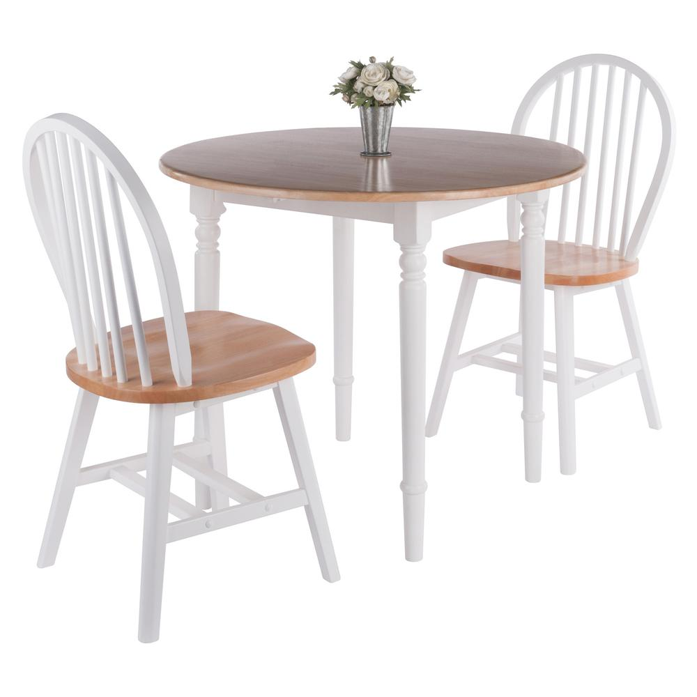 Start2Finish Sorella 3-Piece drop leaf dining table with Windsor chairs in natural and white wood finish, showcasing elegant furniture design.