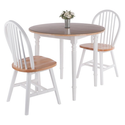 Start2Finish Sorella 3-Piece drop leaf dining table with Windsor chairs in natural and white wood finish, showcasing elegant furniture design.